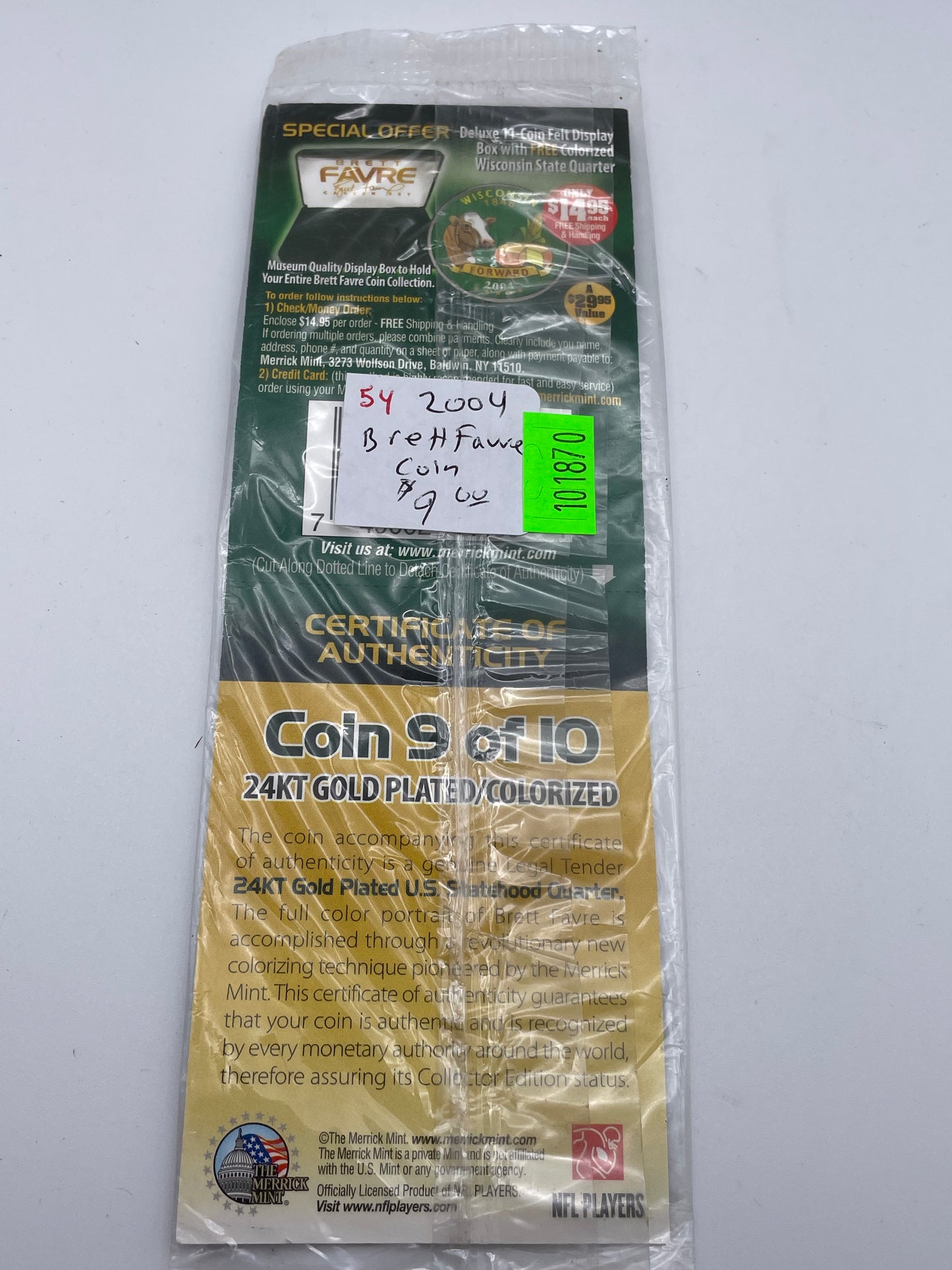 Brett Favre 24kt Plated Quarter - 9/10 All Time Great 2004 #101870