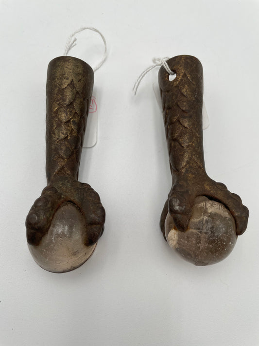 Two Antique Metal Claw Feet with Clear Glass Balls