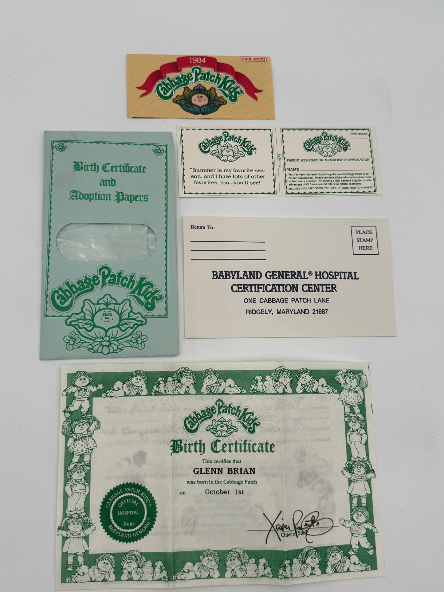 Cabbage Patch - Birth Certificate / Adoption Papers - Glenn Brian 1984 #105366