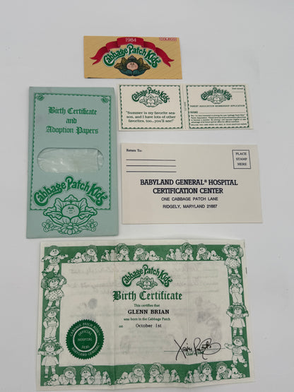 Cabbage Patch - Birth Certificate / Adoption Papers - Glenn Brian 1984 #105366