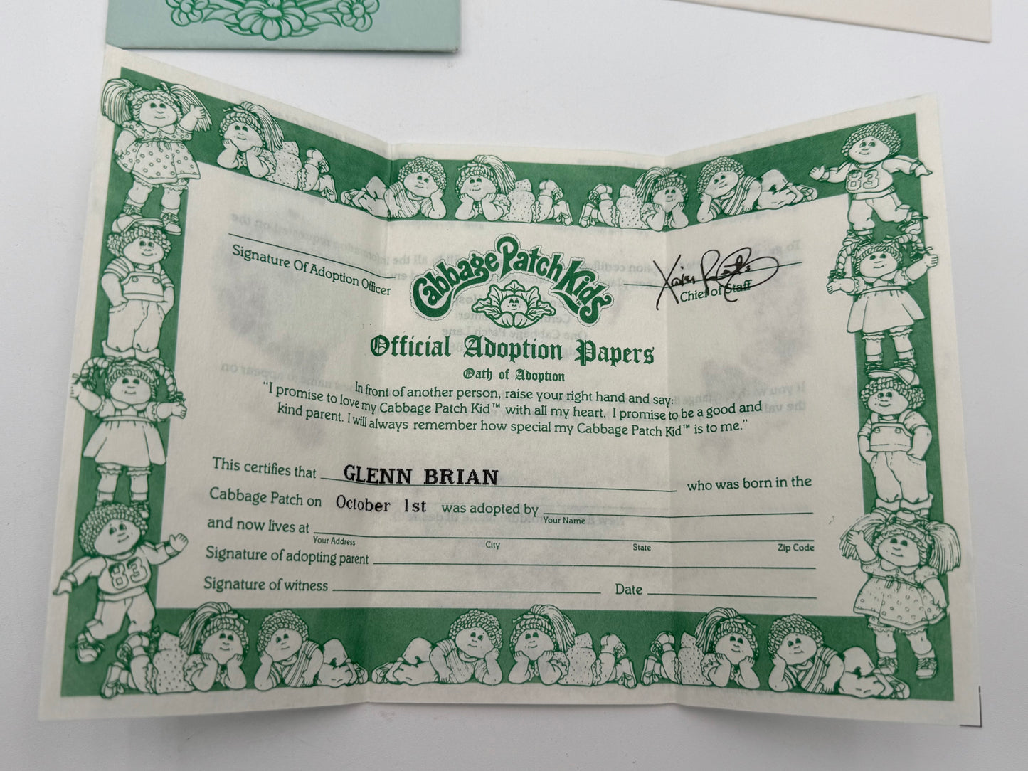 Cabbage Patch - Birth Certificate / Adoption Papers - Glenn Brian 1984 #105366