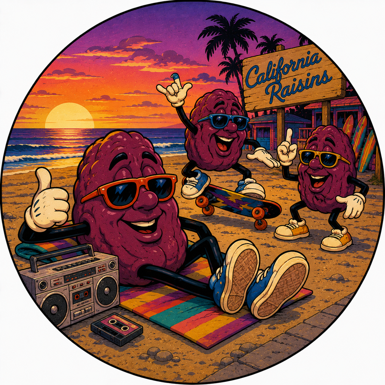 Button - 80s Theme - Smurfs - California Raisins - Beach
